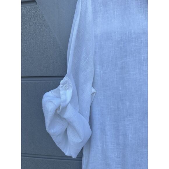Side Stitch Los Angeles White linen popover blouse pocket Roll Tab Sleeves Sz M - Picture 5 of 12